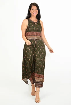 Caroline Morgan Paula Paisley Maxi Dress in Khaki Green- Sleeveless Dresses | Maxi Dresses