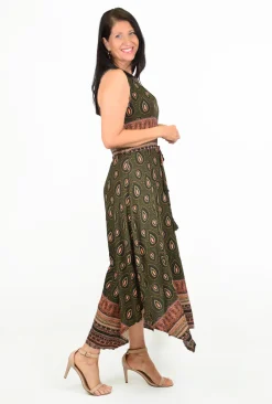 Caroline Morgan Paula Paisley Maxi Dress in Khaki Green- Sleeveless Dresses | Maxi Dresses