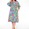 Orientique Penelope Rayon 3/4 Sleeve Boho Dress in Summer Garden- Knee Length Dresses | Sleeved Dress