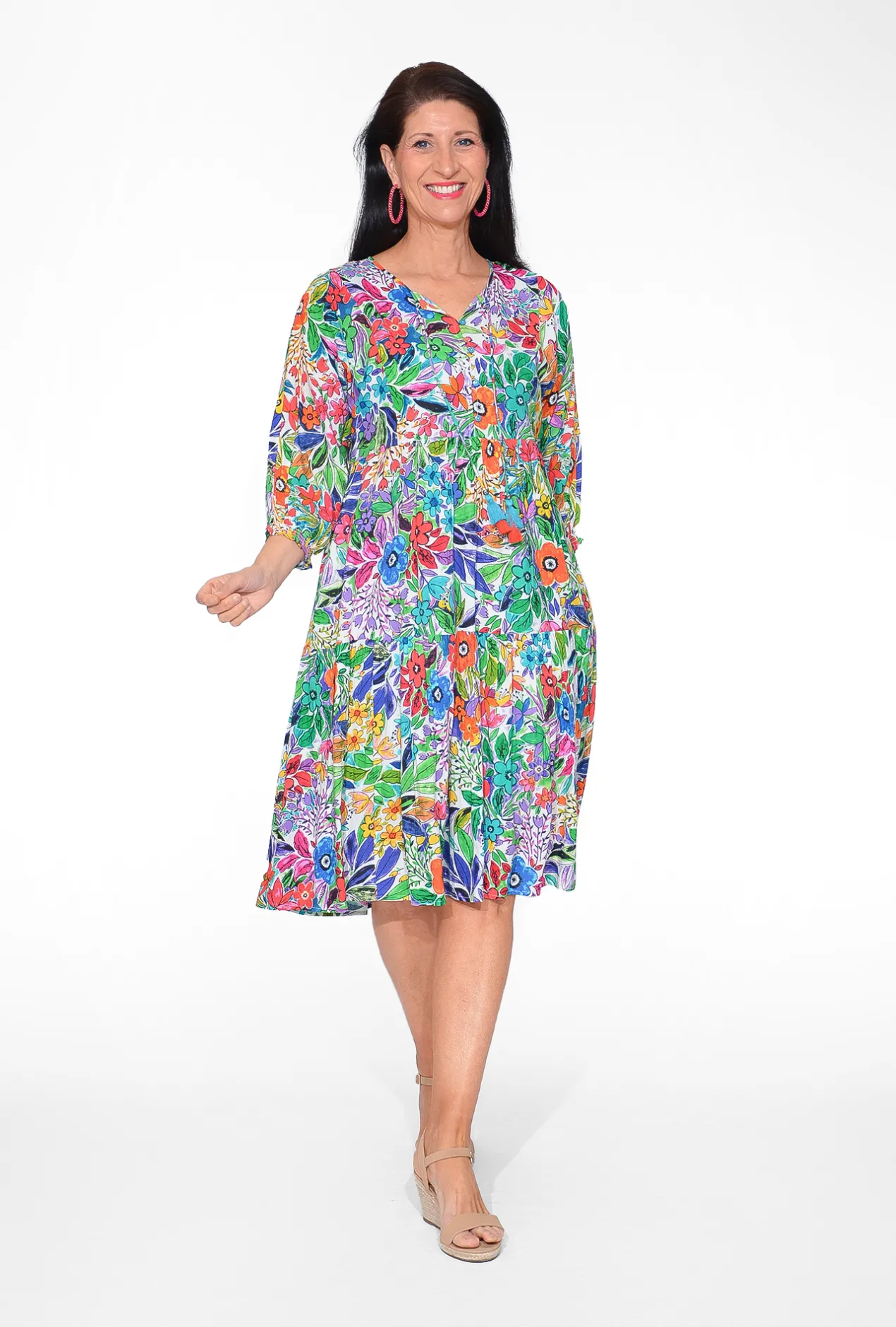 Orientique Penelope Rayon 3/4 Sleeve Boho Dress in Summer Garden- Knee Length Dresses | Sleeved Dress