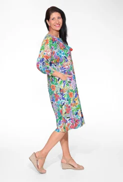 Orientique Penelope Rayon 3/4 Sleeve Boho Dress in Summer Garden- Knee Length Dresses | Sleeved Dress