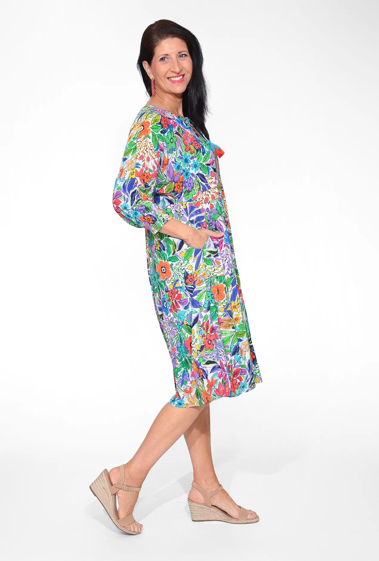 Orientique Penelope Rayon 3/4 Sleeve Boho Dress in Summer Garden- Knee Length Dresses | Sleeved Dress