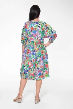 Orientique Penelope Rayon 3/4 Sleeve Boho Dress in Summer Garden- Knee Length Dresses | Sleeved Dress