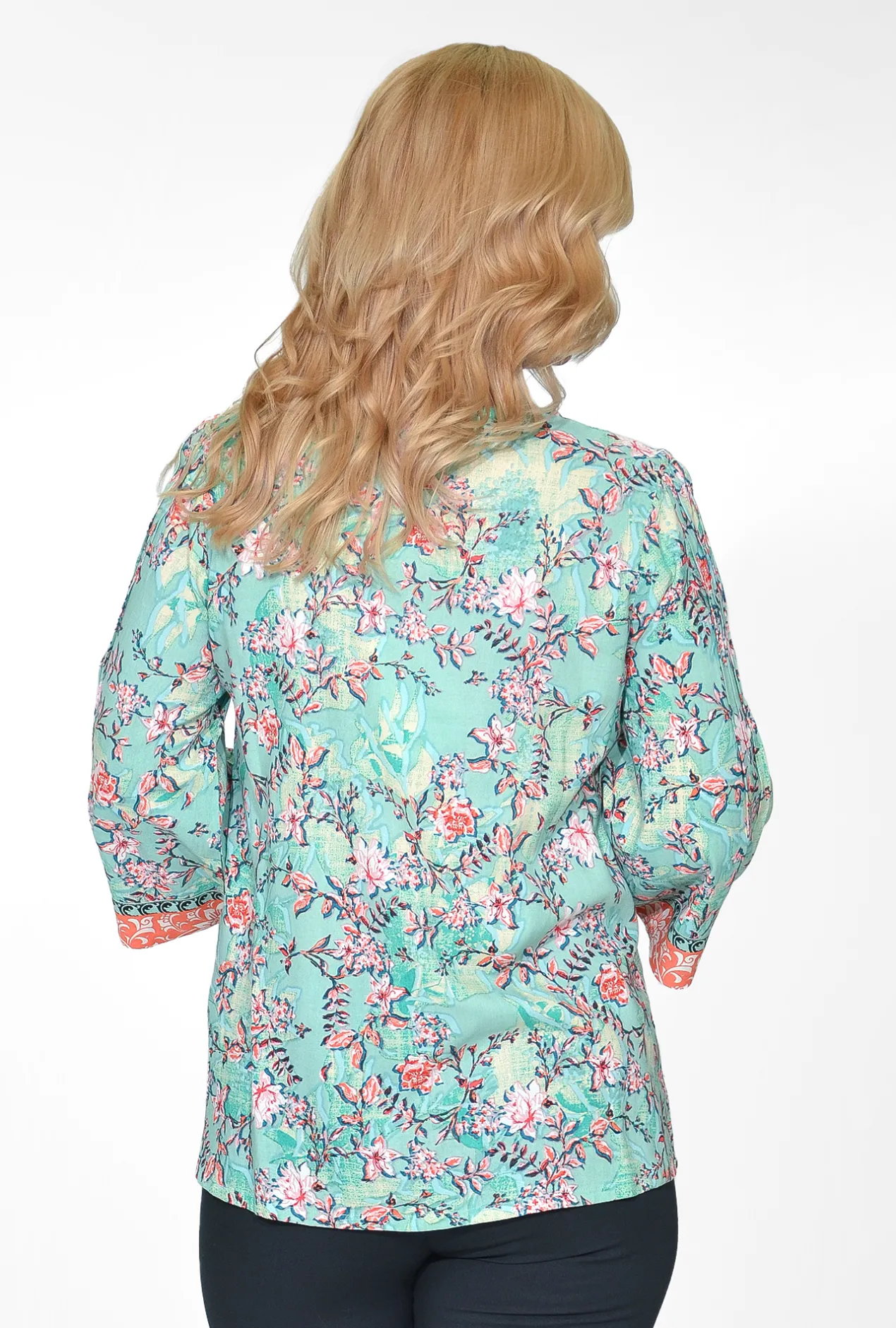 Orientique Philippa Rayon Wide Sleeve Blouse in Sage Green- 3/4 Sleeve Tops