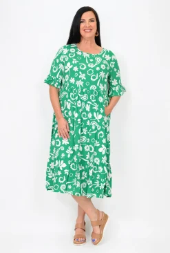 New U Collection Piper Ruffle Sleeve Dress in Summertime Green- Long Sleeved Dresses | Midi Dresses