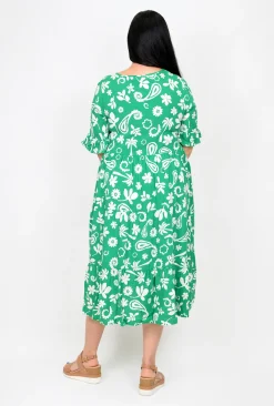 New U Collection Piper Ruffle Sleeve Dress in Summertime Green- Long Sleeved Dresses | Midi Dresses