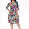 One Summer Poppy 3/4 Sleeve Cotton Dress in Multicolour- Long Sleeved Dresses | Cotton Dresses
