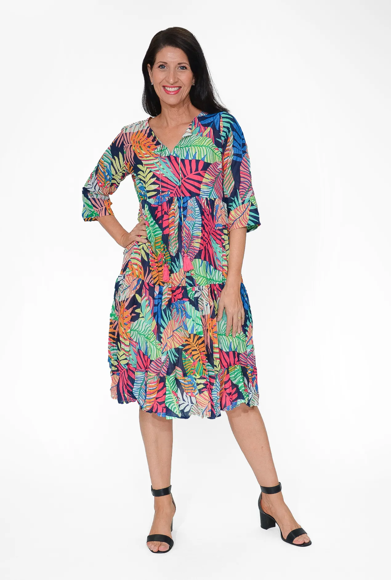 One Summer Poppy 3/4 Sleeve Cotton Dress in Multicolour- Long Sleeved Dresses | Cotton Dresses
