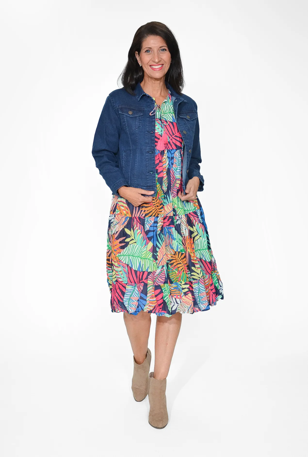 One Summer Poppy 3/4 Sleeve Cotton Dress in Multicolour- Long Sleeved Dresses | Cotton Dresses