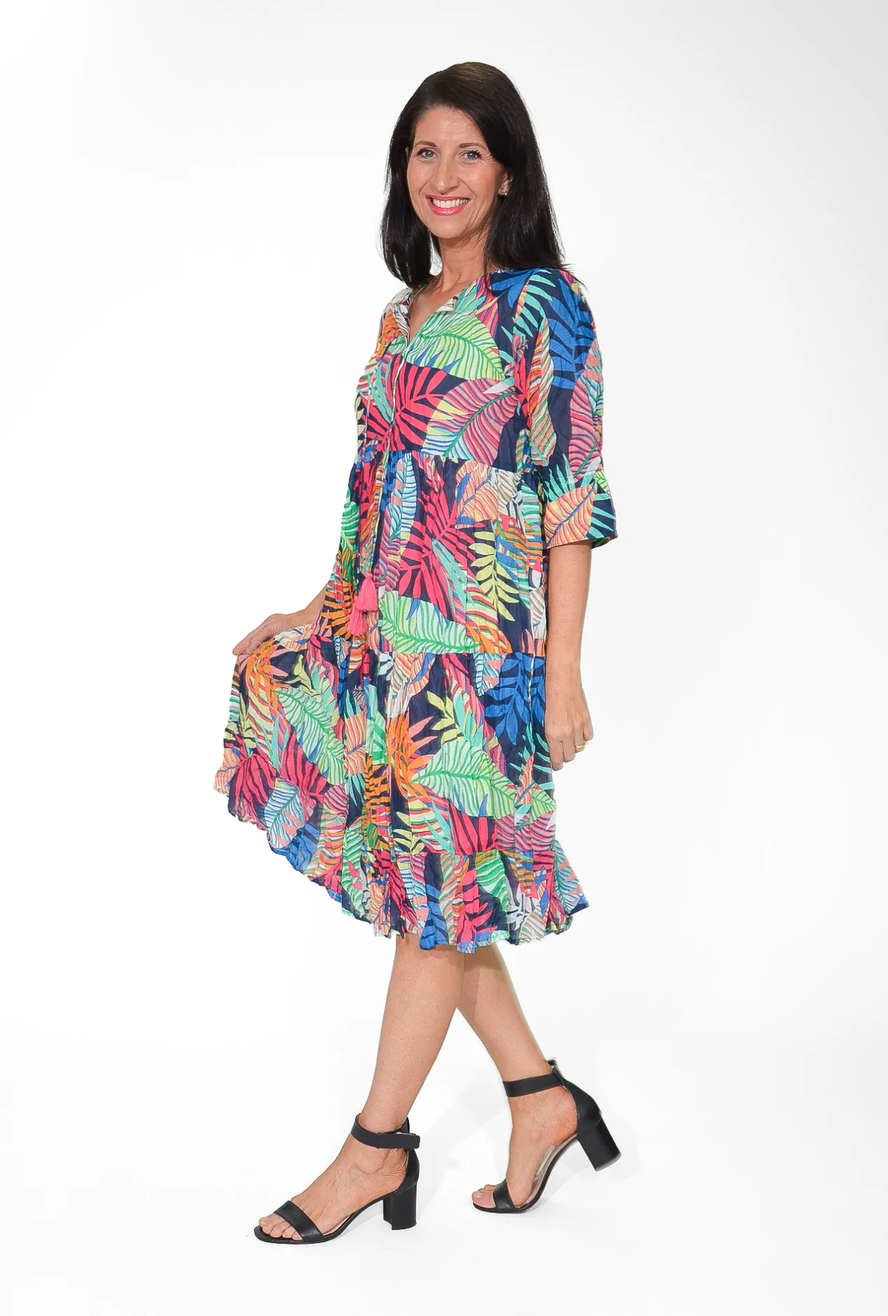 One Summer Poppy 3/4 Sleeve Cotton Dress in Multicolour- Long Sleeved Dresses | Cotton Dresses