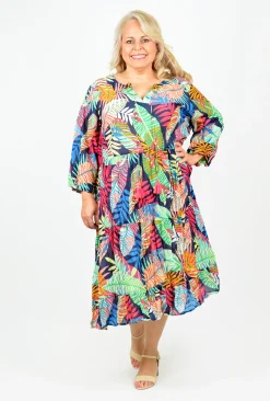 One Summer Poppy 3/4 Sleeve Cotton Dress in Multicolour- Long Sleeved Dresses | Cotton Dresses