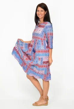 One Summer Poppy Crinkle Cotton 3/4 SleeveTunic Dress in French Summer- Long Sleeved Dresses | Knee Length Dresses