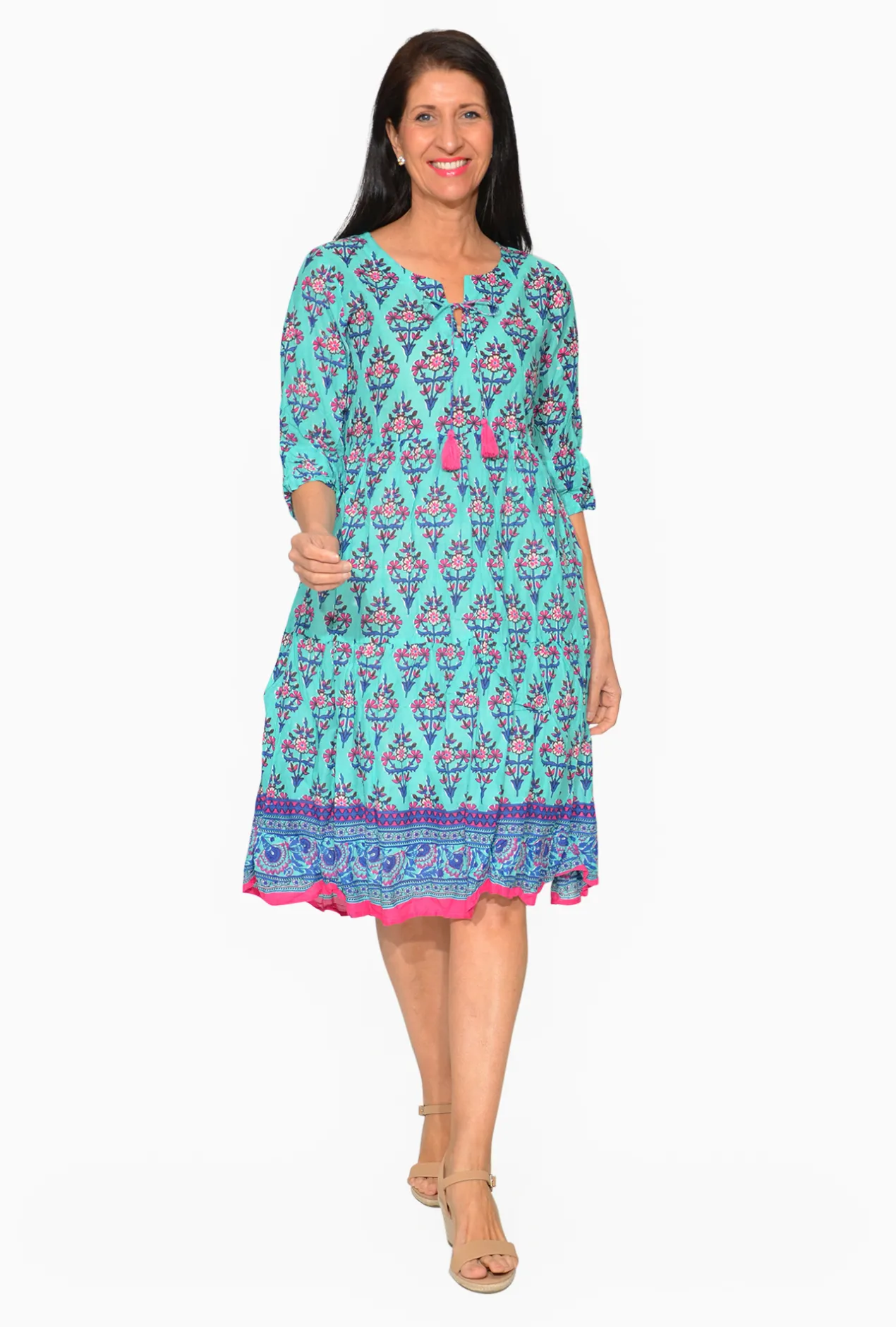 One Summer Poppy Crinkle Cotton Dress in & Pink- Long Sleeved Dresses | Cotton Dresses