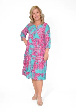 One Summer Poppy Crinkle Cotton Dress in & Teal- Long Sleeved Dresses | Knee Length Dresses