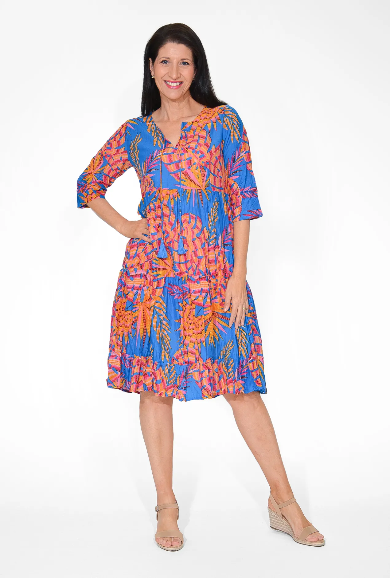 One Summer Poppy Crinkle Cotton Dress in & Orange- Long Sleeved Dresses | Cotton Dresses