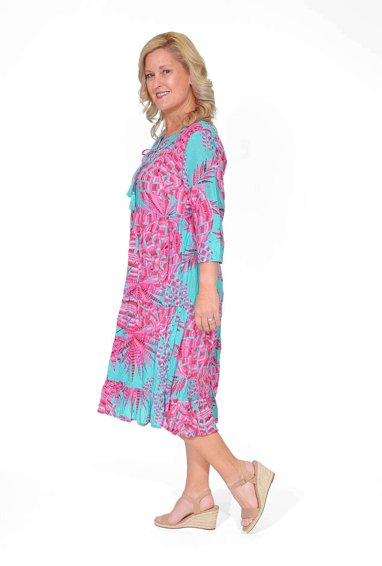 One Summer Poppy Crinkle Cotton Dress in & Teal- Long Sleeved Dresses | Knee Length Dresses