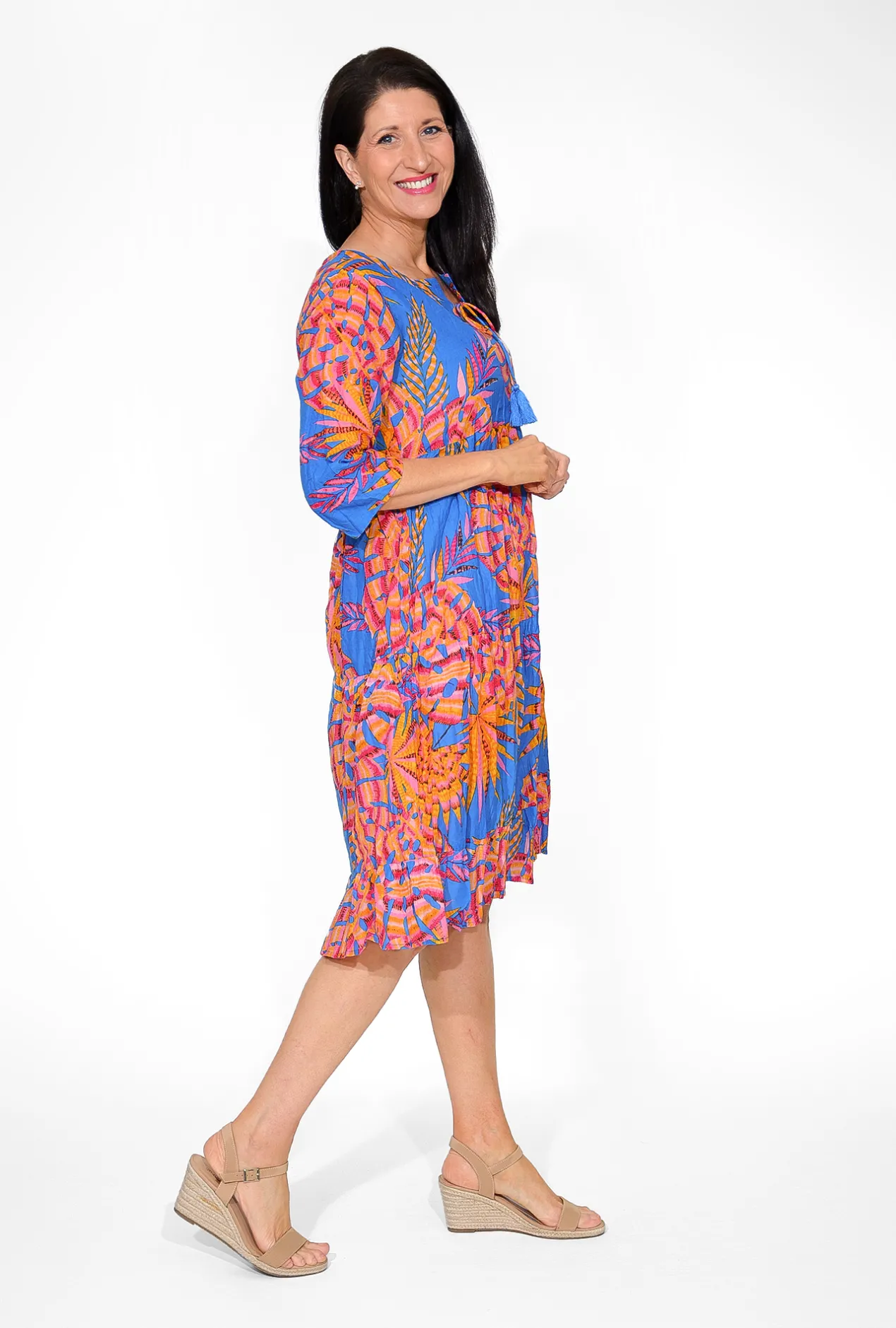One Summer Poppy Crinkle Cotton Dress in & Orange- Long Sleeved Dresses | Cotton Dresses