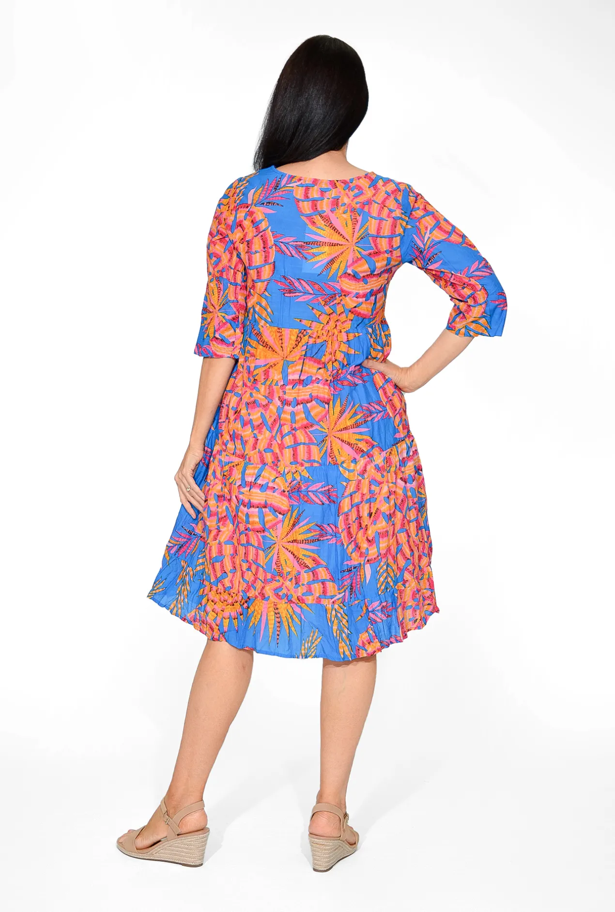 One Summer Poppy Crinkle Cotton Dress in & Orange- Long Sleeved Dresses | Cotton Dresses