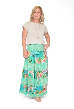Orientique Quince Rayon Maxi Skirt in Green Patchwork-Women Womens Pants