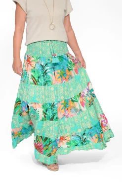 Orientique Quince Rayon Maxi Skirt in Green Patchwork-Women Womens Pants