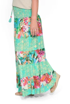 Orientique Quince Rayon Maxi Skirt in Green Patchwork-Women Womens Pants