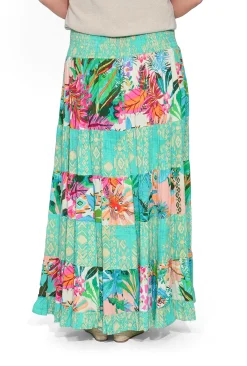 Orientique Quince Rayon Maxi Skirt in Green Patchwork-Women Womens Pants