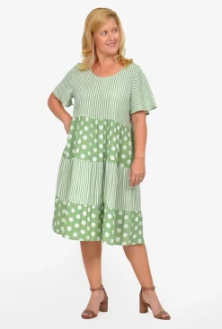 One Summer Rachel Tiered Smock Dress in Stripe and Large Spot- Knee Length Dresses | Short Sleeved Dresses