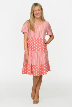 One Summer Rachel Tiered Smock Dress in Stripe and large spot- Knee Length Dresses | Short Sleeved Dresses
