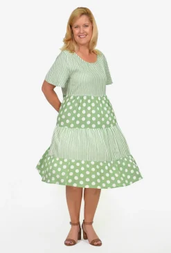One Summer Rachel Tiered Smock Dress in Stripe and Large Spot- Knee Length Dresses | Short Sleeved Dresses