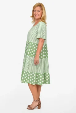 One Summer Rachel Tiered Smock Dress in Stripe and Large Spot- Knee Length Dresses | Short Sleeved Dresses