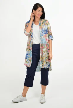 Caroline Morgan Rae Light Weight Floral Tunic in Blue Multi- Long Sleeved Tops