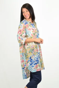Caroline Morgan Rae Light Weight Floral Tunic in Blue Multi- Long Sleeved Tops