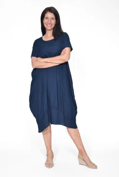 Orientique Raegan Cotton Blend Short Sleeve Bubble Dress in Navy- Short Sleeved Dresses | Knee Length Dresses