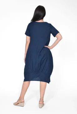 Orientique Raegan Cotton Blend Short Sleeve Bubble Dress in Navy- Short Sleeved Dresses | Knee Length Dresses