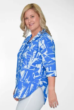 Orientique Raylene Organic Cotton Shirt in Blue- Cotton Tops | 3/4 Sleeve Tops