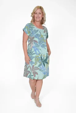 Orientique Rebecca Reversible Cotton Blend Shift Dress in Green & Brown- Short Sleeved Dresses | Above Knee Dresses