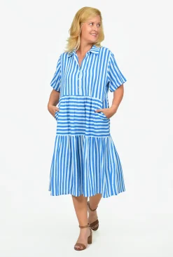 One Summer Reese Collared Tiered Midi Dress in Colbalt Stripe- Knee Length Dresses | Short Sleeved Dresses