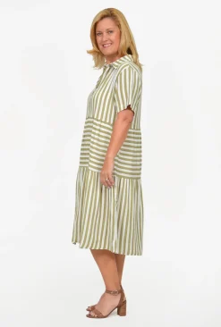 One Summer Reese Collared Tiered Midi Dress in Stripe- Knee Length Dresses | Short Sleeved Dresses