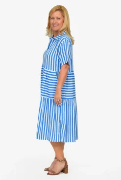 One Summer Reese Collared Tiered Midi Dress in Colbalt Stripe- Knee Length Dresses | Short Sleeved Dresses
