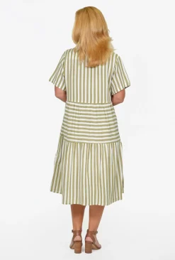 One Summer Reese Collared Tiered Midi Dress in Stripe- Knee Length Dresses | Short Sleeved Dresses