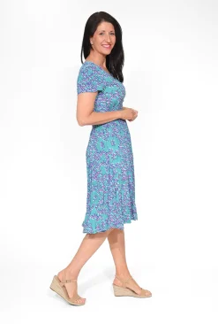 Orientique Remi Rayon Short Sleeve Dress in Purple & Blue- Short Sleeved Dresses | Knee Length Dresses