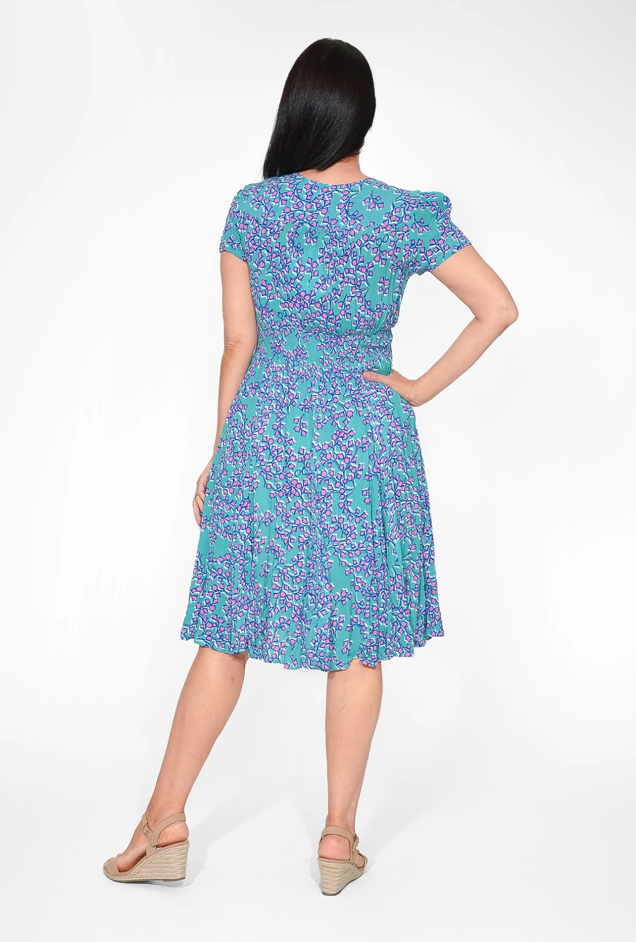 Orientique Remi Rayon Short Sleeve Dress in Purple & Blue- Short Sleeved Dresses | Knee Length Dresses