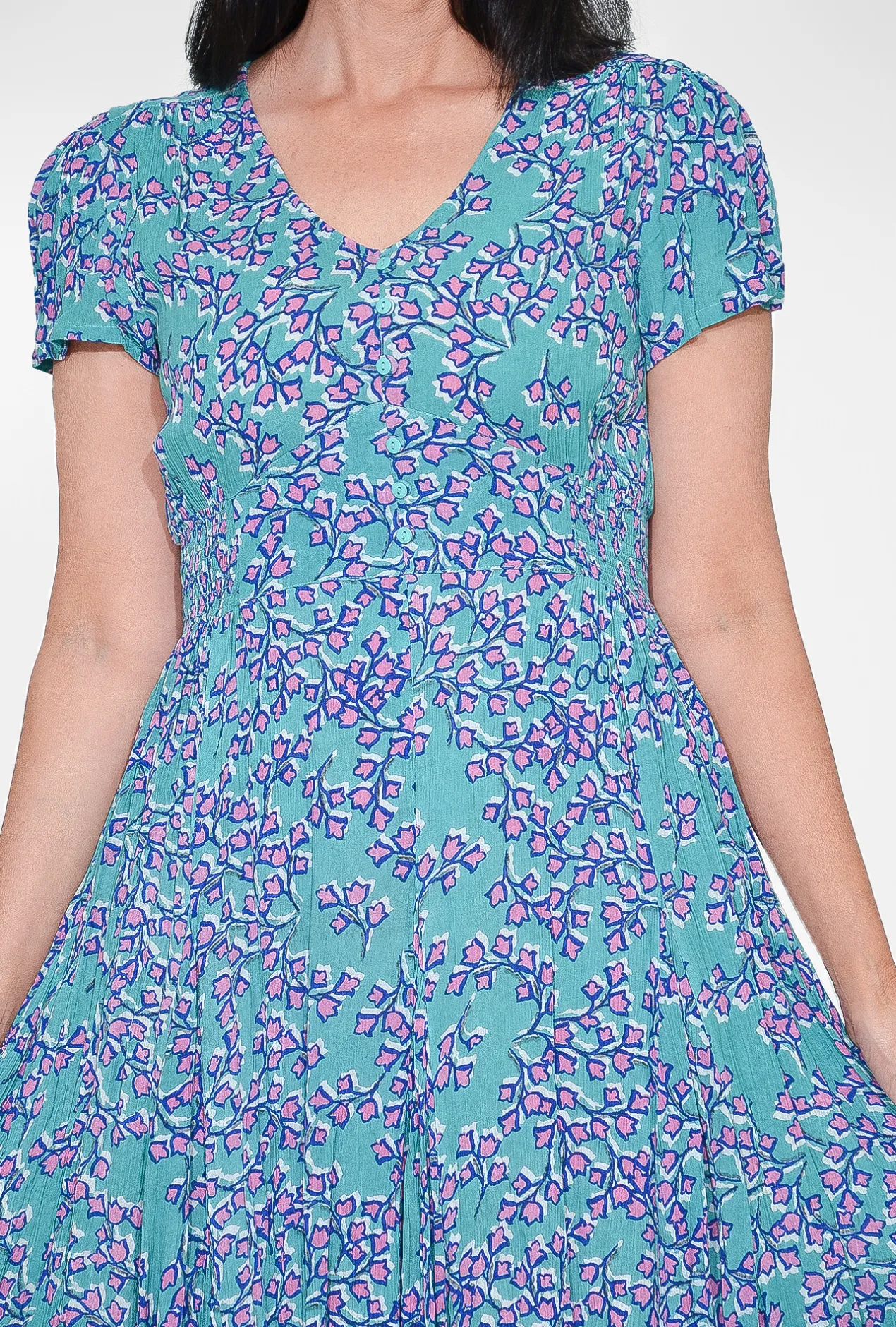 Orientique Remi Rayon Short Sleeve Dress in Purple & Blue- Short Sleeved Dresses | Knee Length Dresses