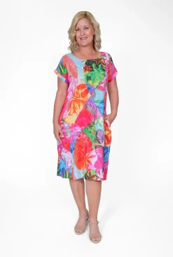 Orientique Robyn Cotton Short Sleeve Bubble Dress in Bright Pink- Short Sleeved Dresses | Cotton Dresses