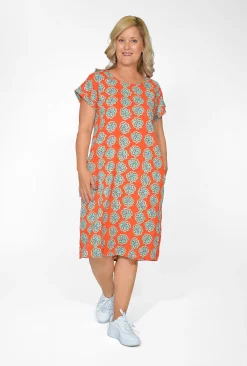 Orientique Robyn Cotton Short Sleeve Bubble Dress in Retro Orange- Short Sleeved Dresses | Cotton Dresses