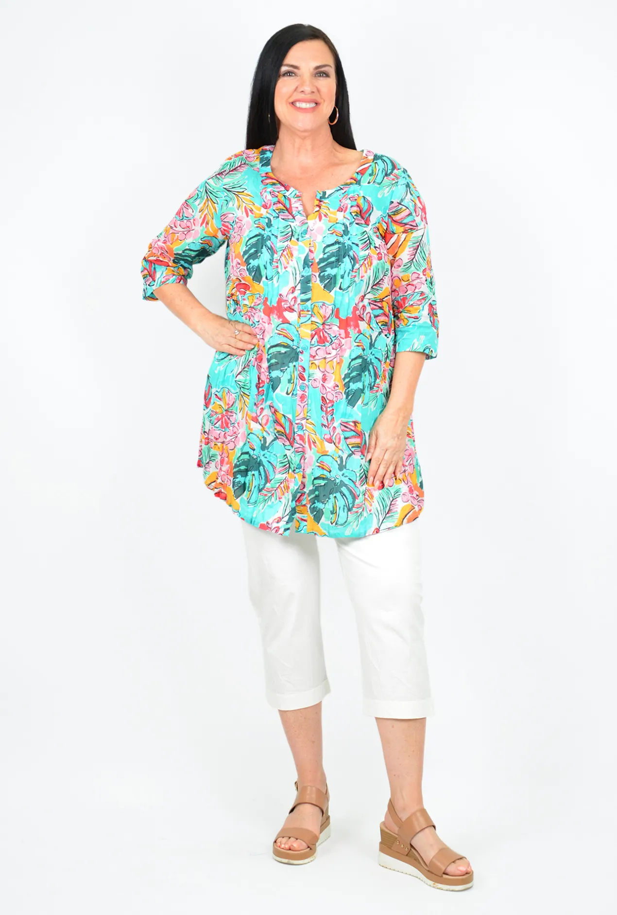 One Summer Rosa 3/4 Sleeve Tunic in- Cotton Tops | 3/4 Sleeve Tops