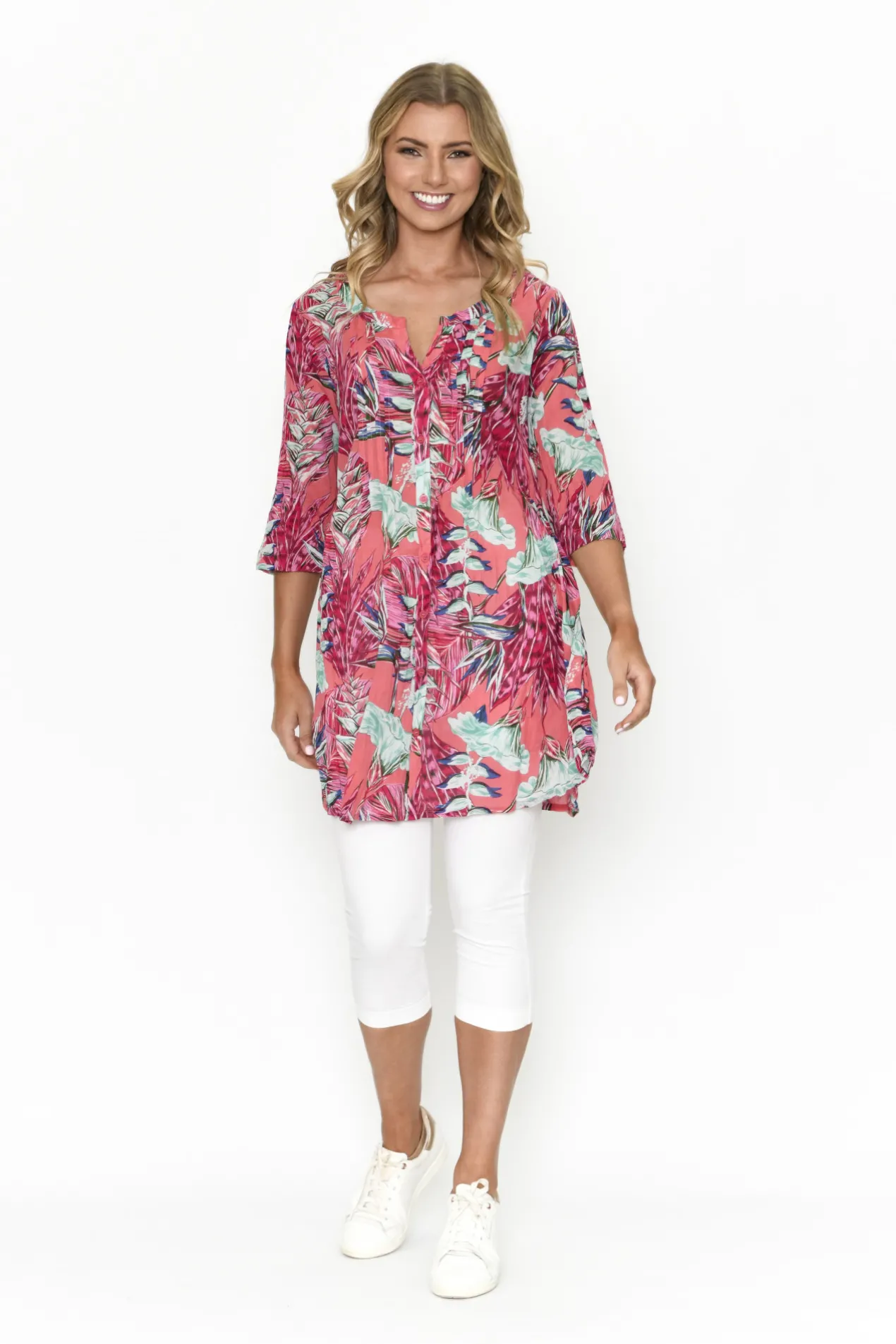 One Summer Rosa 3/4 Sleeve Tunic in Peach- Cotton Tops | Long Sleeved Tops