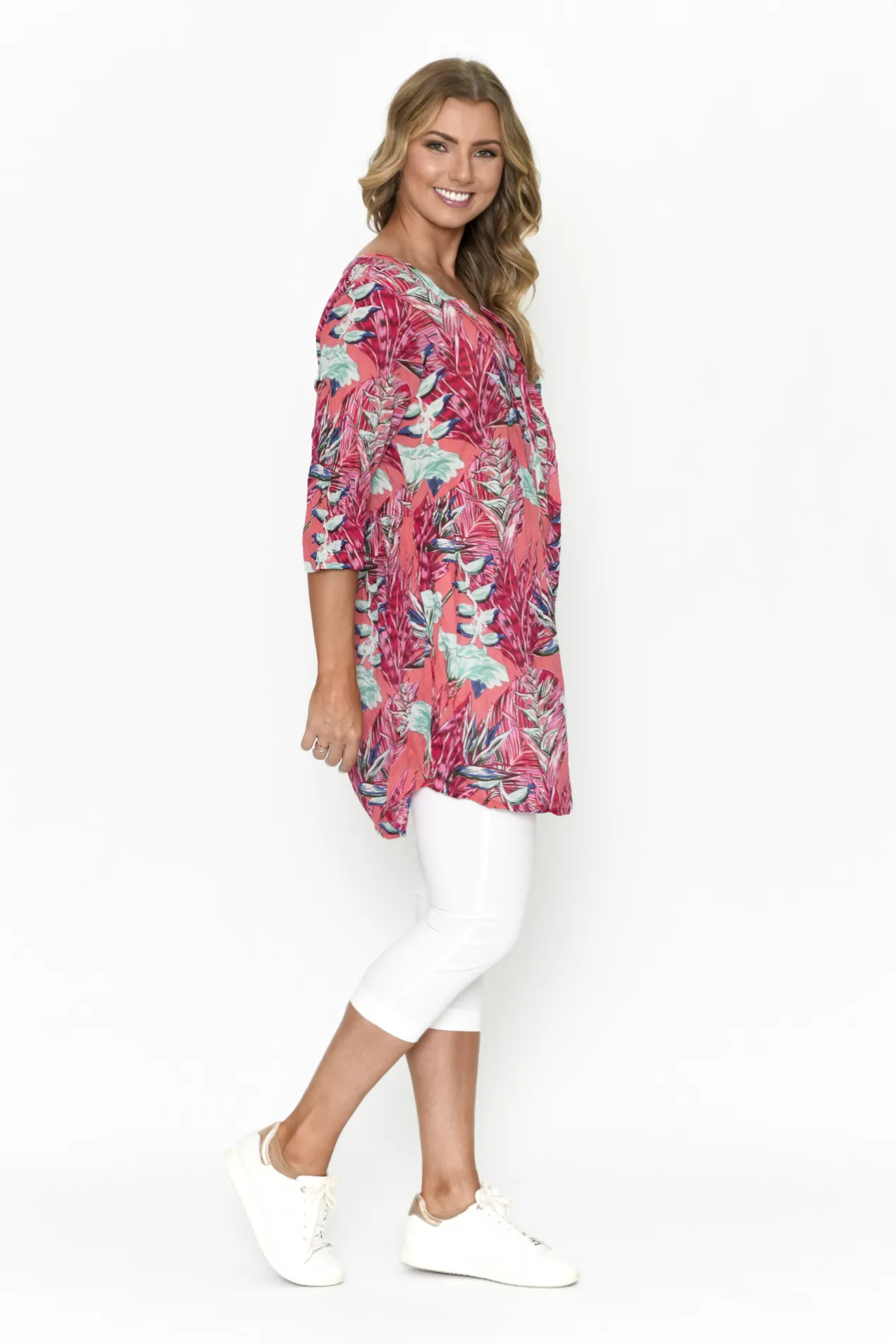 One Summer Rosa 3/4 Sleeve Tunic in Peach- Cotton Tops | Long Sleeved Tops