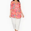 One Summer Rosa Cotton 3/4 Sleeve Tunic in Hot Pink- Cotton Tops | Long Sleeved Tops