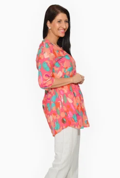 One Summer Rosa Cotton 3/4 Sleeve Tunic in Hot Pink- Cotton Tops | Long Sleeved Tops